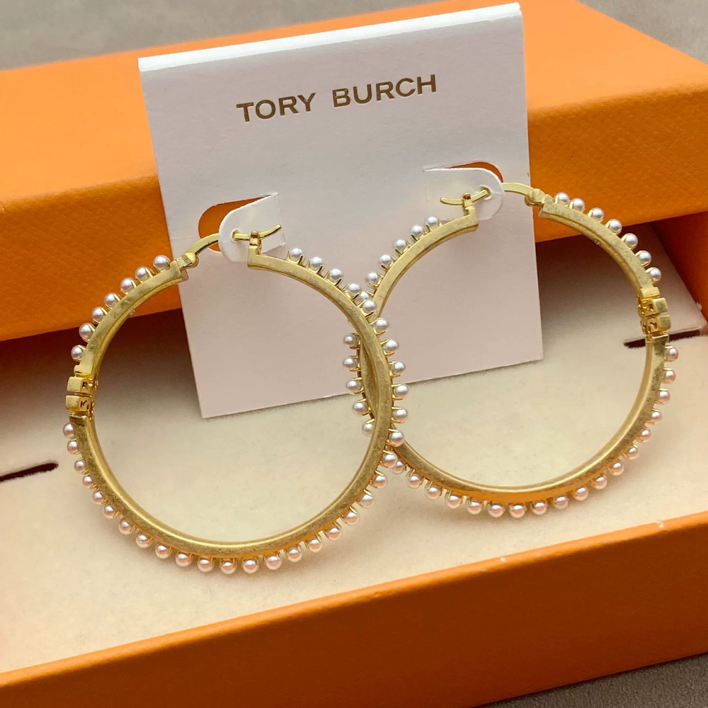Tory Burch Pearl Geometric Round Metal Large Earrings